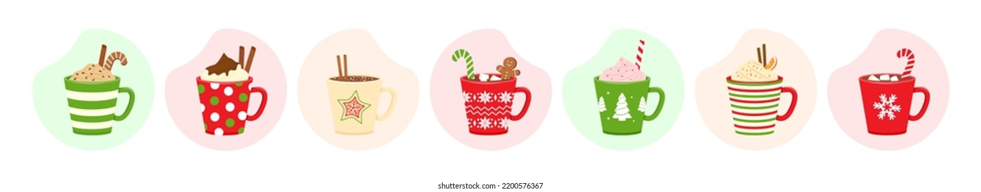 Christmas hot drink cup vector menu, coffee and tea, cocoa, winter food, cozy sweet dessert. Collection of beverage. Cartoon illustration