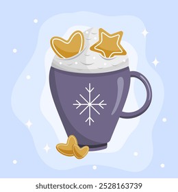 Christmas hot drink in a cup with whipped cream and sweet cane. Vector illustration