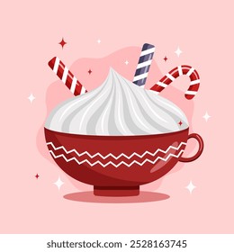 Christmas hot drink in a cup with whipped cream and sweet cane. Vector illustration