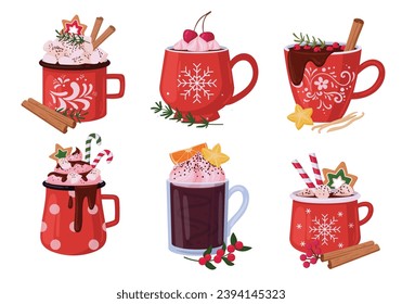 tazas de bebidas calientes de Navidad. Mug de navidad roja con cacao caliente y malvavisco con palos de canela, bebidas de vacaciones de invierno ilustrado vectorial plano. Colección de taza de bebida caliente de Navidad