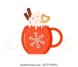 Christmas hot drink. Festive cute mug with hot cocoa and cream. Isolated vector illustration