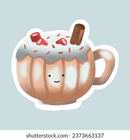 Christmas hot drink. Flat cartoon different beverages. Holiday cute mug hot cocoa, coffee, milk, cream and mulled wine. New year drinks decorated holly and candy. Isolated vector illustration