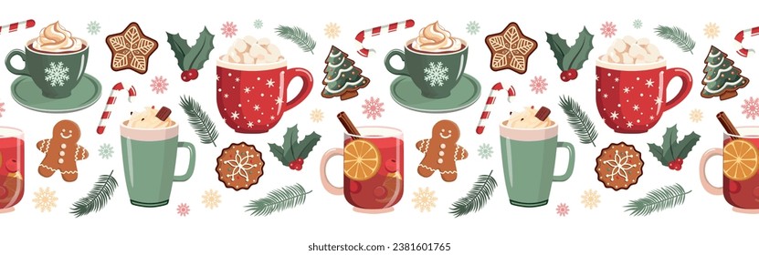 Christmas hot drink, gingerbreads seamless horizontal border with coffee, cacao, mulled wine. Winter hot beverage. Season graphic. Cute Christmas and New Year illustration