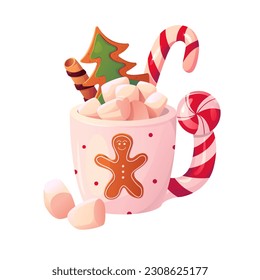 Christmas Hot Drink Isolated. Hot Chocolate or Cacao in a Mug with Marshmallows and Cookies. Cute Vector Illustration in Cartoon Style.