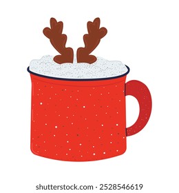 Christmas hot drink .Mug with chocolate horns. Traditional warm cozy chocolate in a simple cup .Christmas atmosphere.Flat illustration for winter holidays