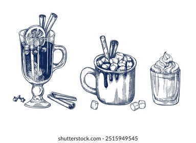 Navidades Hot Drink Mulled wine, Taza de chocolate caliente con malvavisco y canela, Vaso de cóctel de ponche de huevo dibujado a mano colección de Ilustración vectorial aislada. Símbolo de boceto para barra, diseño de menú