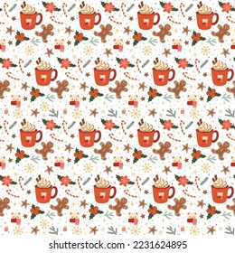 Christmas hot drink pattern, winter hot drink seamless background, cacao, coffee, gingerbreads print hand drawn vector illustration. Winter cozy cup with hot drink wallpaper, chocolate mug print