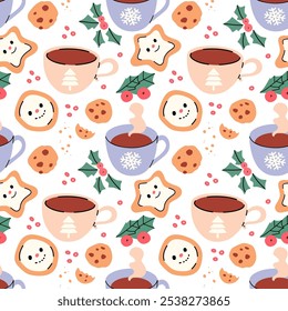 Christmas hot drink pattern, winter hot drink seamless background, cacao, coffee, gingerbreads print hand drawn vector illustration. Winter cozy cup with hot drink wallpaper