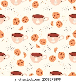 Christmas hot drink pattern, winter hot drink seamless background, cacao, coffee, gingerbreads print hand drawn vector illustration. Winter cozy cup with hot drink wallpaper