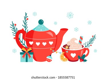 Christmas hot drink. Red cup of winter hot chocolate or cocoa and teapot. Christmas cute drink with candy and gingerbread. Happy new year's beverage.