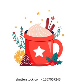 Christmas hot drink. Red cup of winter hot chocolate or cocoa with cookies and cinnamon. Happy new year cozy beverage. drink. Cute vector illustration on isolated background