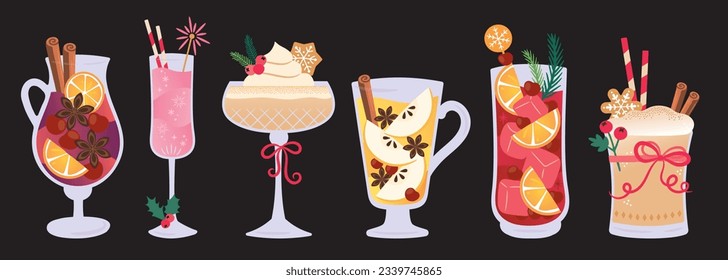 Christmas hot drink set. Collection of different beverages. Holiday cute cocktails, eggnog, cranberry, champagne and mulled wine. New year drinks decorated. For menu, party, invitation