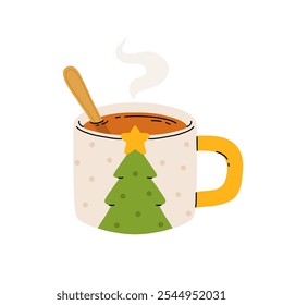 Christmas hot drink set. Flat cartoon different beverages. Holiday cute mugs hot cocoa, coffee, milk, cream and mulled wine. New year drinks decorated holly and candy. Isolated vector illustration