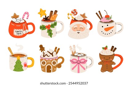 Christmas hot drink set. Flat cartoon different beverages. Holiday cute mugs hot cocoa, coffee, milk, cream and mulled wine. New year drinks decorated holly and candy. Isolated vector illustration