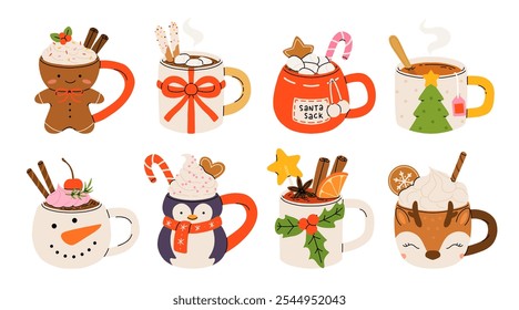 Christmas hot drink set. Flat cartoon different beverages. Holiday cute mugs hot cocoa, coffee, milk, cream and mulled wine. New year drinks decorated holly and candy. Isolated vector illustration