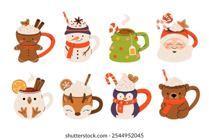 Christmas hot drink set. Flat cartoon different beverages. Holiday cute mugs hot cocoa, coffee, milk, cream and mulled wine. New year drinks decorated holly and candy. Isolated vector illustration