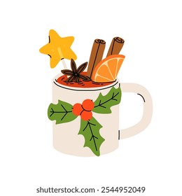 Christmas hot drink set. Flat cartoon different beverages. Holiday cute mugs hot cocoa, coffee, milk, cream and mulled wine. New year drinks decorated holly and candy. Isolated vector illustration