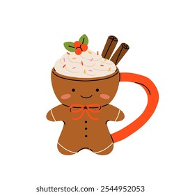 Christmas hot drink set. Flat cartoon different beverages. Holiday cute mugs hot cocoa, coffee, milk, cream and mulled wine. New year drinks decorated holly and candy. Isolated vector illustration