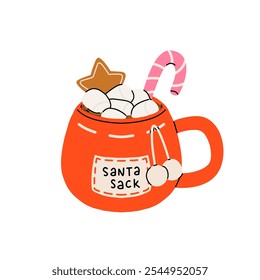 Christmas hot drink set. Flat cartoon different beverages. Holiday cute mugs hot cocoa, coffee, milk, cream and mulled wine. New year drinks decorated holly and candy. Isolated vector illustration