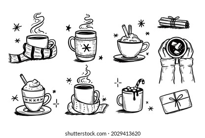 Christmas hot drink set of winter coffee, tea, chocolate. Hand drawn sketch style. Drink cup, mug with winter scarf. Vector illustration.