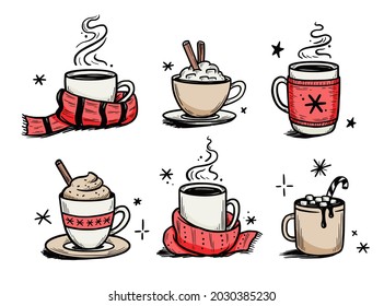 Christmas hot drink set of winter coffee, tea. Hand drawn sketch style. Drink cup, mug with winter scarf. Vector illustration.