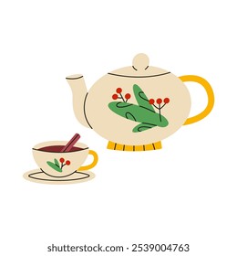 Christmas hot drink. Teapot and mug. Tea with cinnamon. Happy new years beverage. Flat vector illustration isolated on white background.