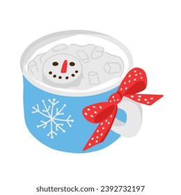 Christmas hot drink with whipped cream and snowman from marshmallow. Winter holiday traditional hot chocolate with childish decoration. Vector hand drawn flat illustration in blue color