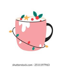 Christmas hot drink with whipped cream hat in cute mug. Holiday illustration. Flat vector illustration isolated on white background.