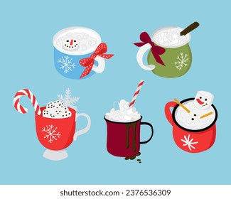 Christmas hot drinks clipart in bold flat style. Colored hand drawn isolated cups with marshmallow, candy stick and whipped cream. Holiday design for stickers, decoration, pattern