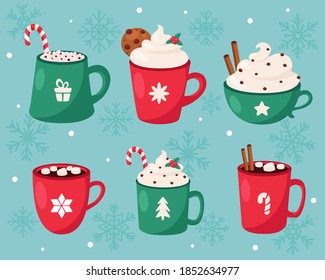 Christmas hot drinks collection. Merry Christmas. Vector illustration.