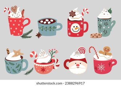 Christmas hot drinks collection with seasonal different mugs in winter design