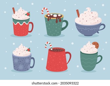 Christmas hot drinks collection. Winter hot drinks, hot chocolate, cups of coffee. Vector illustration