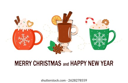 Christmas hot drinks. Festive mugs with hot cocoa, marshmallows, cinnamon, candies, gingerbread. Vector illustration
