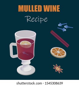  Christmas hot drinks icon. Vector illustration with mulled wine  with orange, anise, cinnamon. Hot mulled wine drinks. .Mulled wine with set of ingredients.