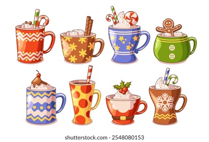 Christmas hot drinks with marshmallows, sweet whipped cream, cinnamon in cups and mugs set