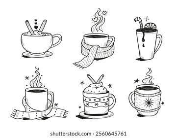 Christmas hot drinks set. Collection of winter alcoholic beverages including mulled wine