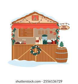 Christmas hot drinks stall decorated with wreath and garland. Festive winter wooden booth with coffee, tea and chocolate. Outdoors shopping store on holiday fair marketplace. Flat vector illustration