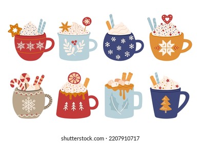 Christmas hot drinks with whipped cream hats in cute mugs. Set of winter vector objects. Holiday illustration.