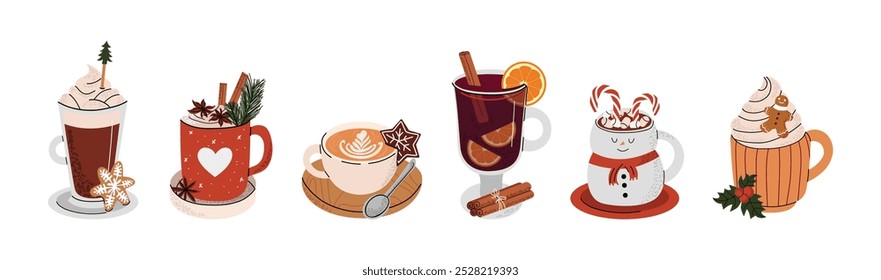 Bebidas quentes de Natal, copos quentes de férias de inverno. Caneca de chocolate quente, cacau, cappuccino, vinho ruminado. Bebida de Natal com marshmallows, canela, gengibre. Ilustrações de vetor planas isoladas.