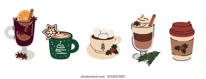 Christmas hot drinks, winter holidays hot cups. A mug of hot chocolate, cocoa, cappuccino, mulled wine. Christmas drink with marshmallows, gingerbread, cinnamon. Flat vector illustrations isolated.