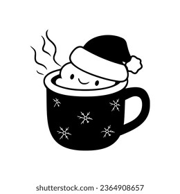 Christmas hot mug with marshmallow man. Funny Christmas Holiday design. Cartoon kawaii style. Vector illustration isolated on white background. Design For T-shirt, poster, party invitation