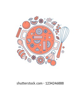 Christmas hot mulled wine recipe. Kitchen supplies. Making drinks. Vector illustration