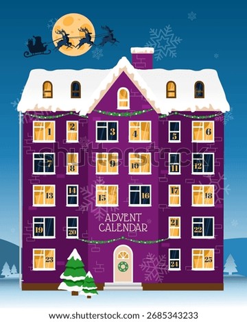 Christmas house advent calendar with countdown windows. Vector illustration