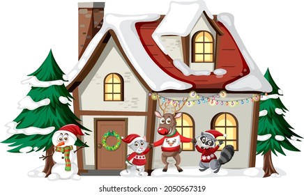 Christmas house with animals cartoon characters illustration