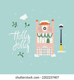 Christmas house covered snow for greeting card. Holly jolly lettering. Hand drawn vector illustration. Print for banner, New Year web footer, border and other.