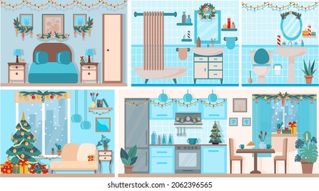 Christmas house in cut. House interior with a furniture,  christmas tree, gifts, lights, decorations.  Snow is falling outside the window. Flat cartoon style vector illustration.