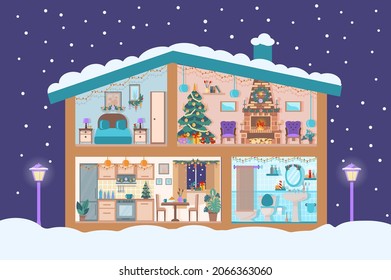 Christmas House In Cut With Snow. Cozy House Interior With A Furniture, Fireplace, Christmas Tree, Gifts, Lights, Decorations, Home Plants.  Flat  Cartoon Style Vector Illustration.