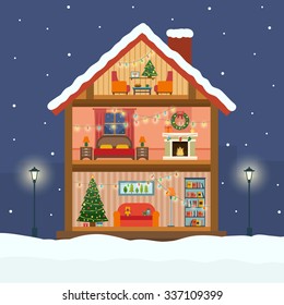 Christmas house in cut with snow. House interior with a furniture, fireplace, christmas tree, gifts, lights, decorations. Flat style vector illustration.