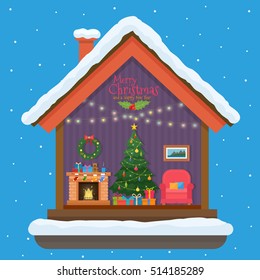 Christmas house in cut with snow. House interior with a furniture, fireplace, christmas tree, gifts, lights, decorations. Flat style vector illustration.