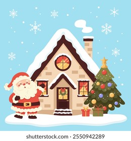 Christmas House with cute Santa Claus and Christmas tree. Winter festive. Cartoon flat style. Vector illustration.